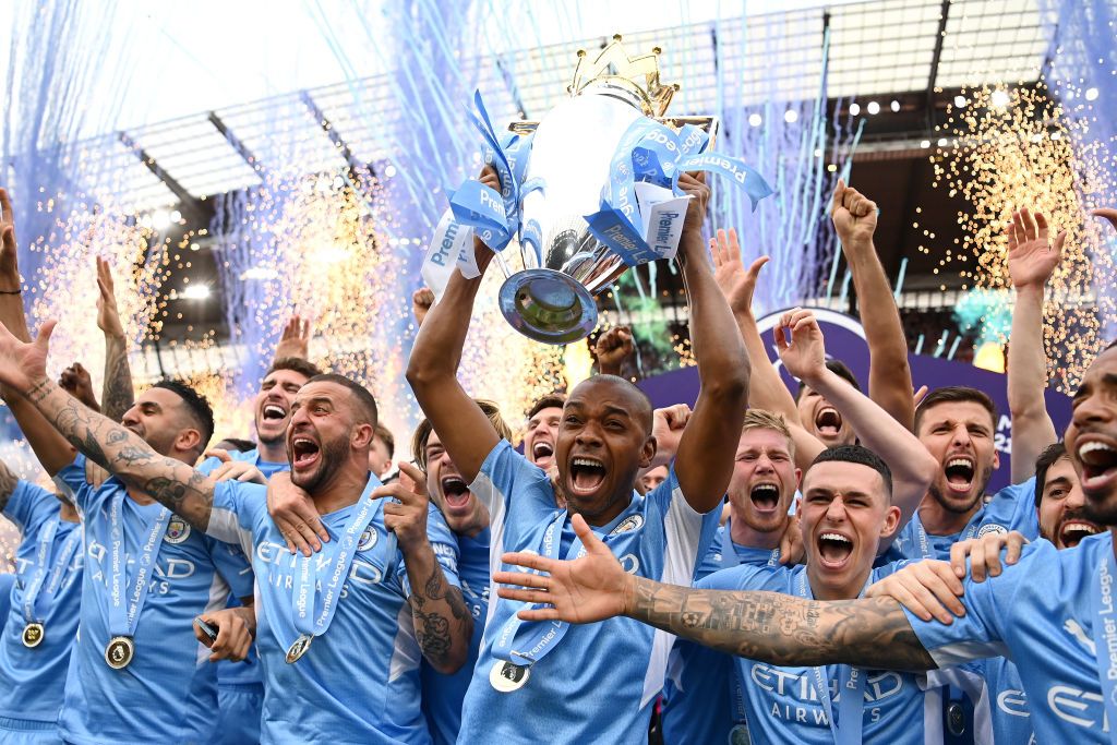 Man City lifting the EPL trophy