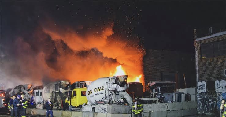 cement truck on fire