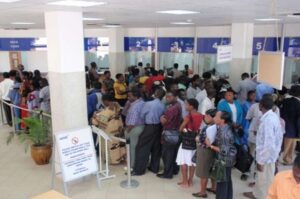 customers in front of a bank
