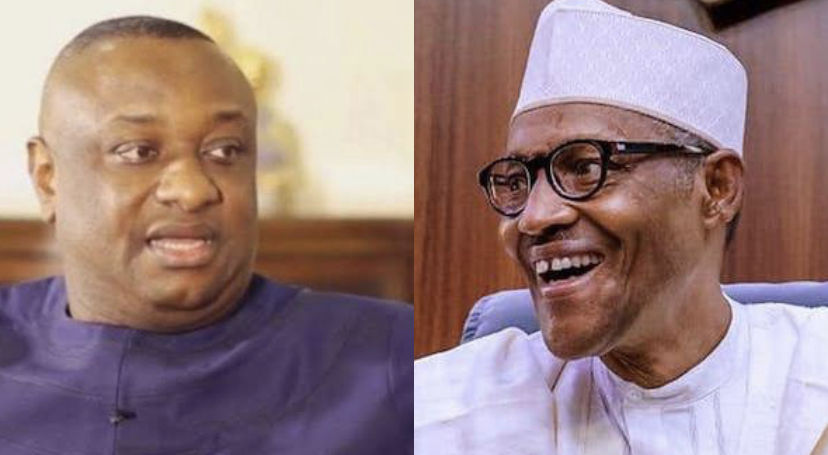 A composite of Festus Keyamo and Buhari laughing used to illustrate story.
