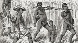 A cartoon representation of African slaves used to illustrate the story
