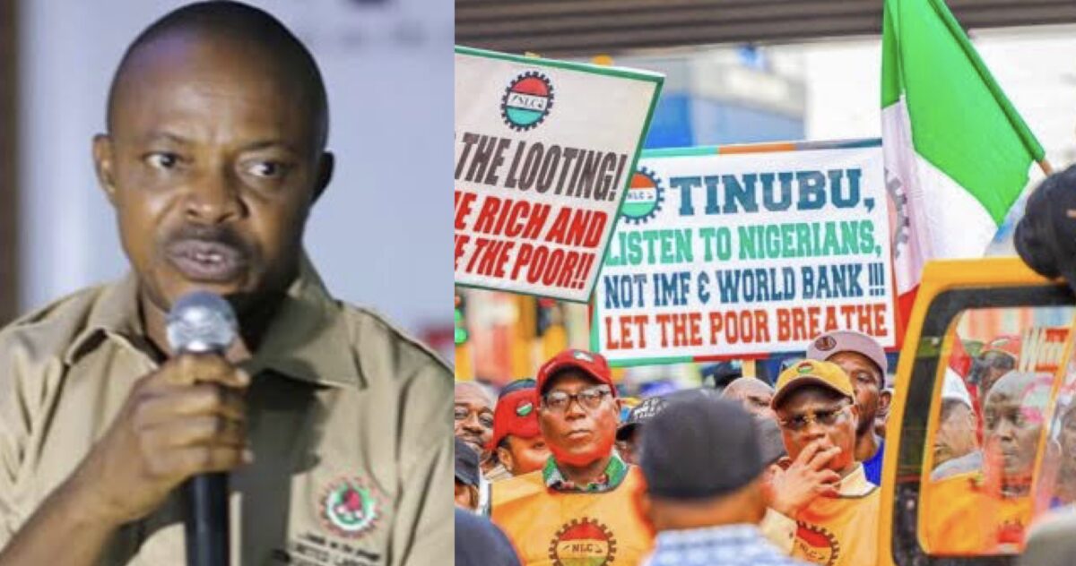 NLC president Joe Ajaero and protesters