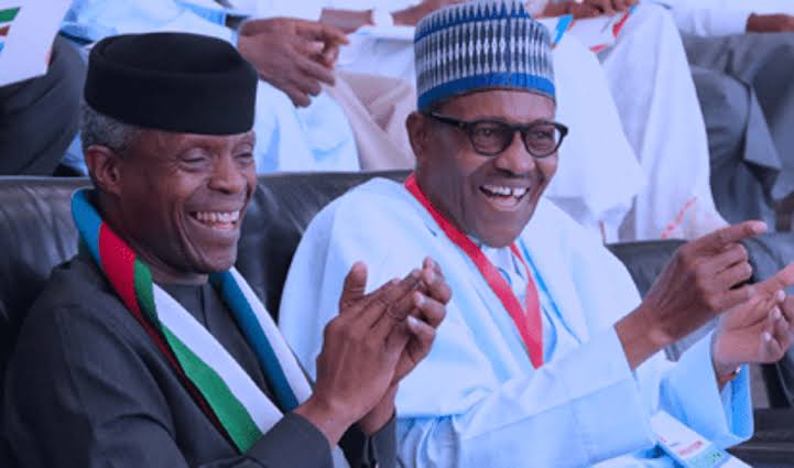 Buhari and Osinbajo laughing used to illustrate the story