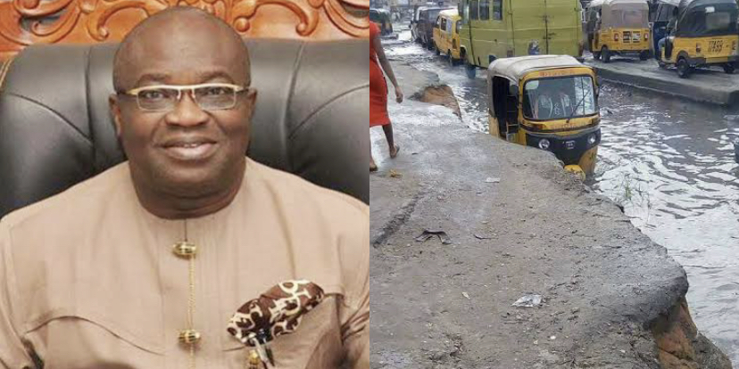Governor Okezie Ikpeazu and bad road used to illustrate the story