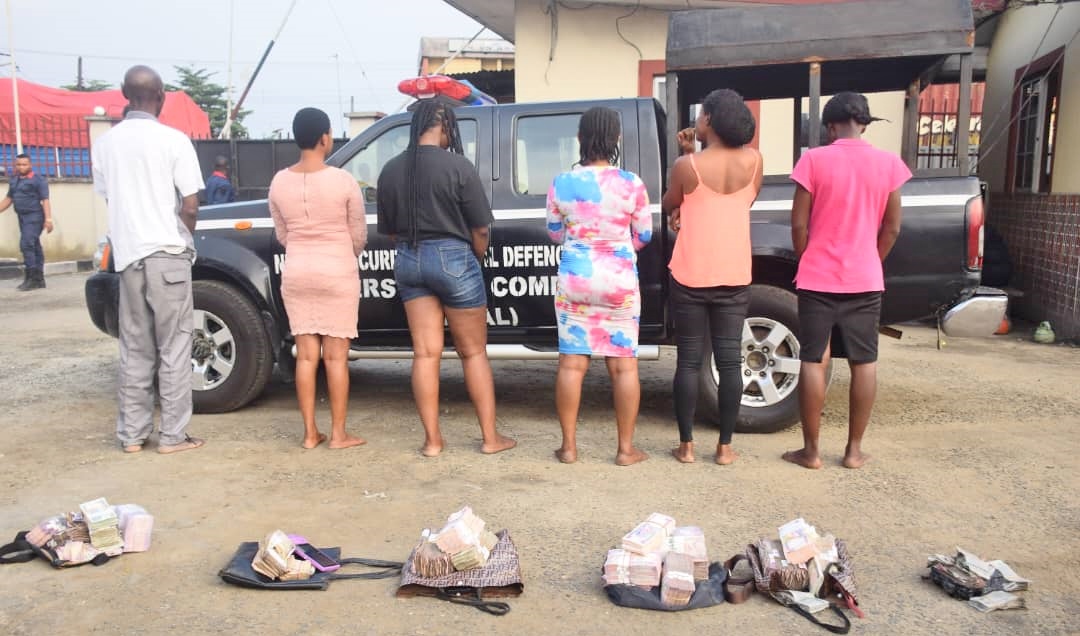 A photo of the suspected naira vendors paraded by security operatives in Port Harcourt.