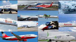 Air Peace, Ibom Air, Arik Air, United Nigeria Airlines, Umza Air, NG Eagle, Max Air, Caverton Helicopters, Overland Airways, Rano Air and ValueJet.