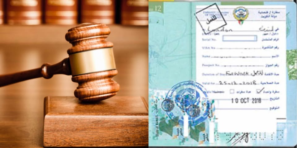 A gavel and Kuwait work visa.
