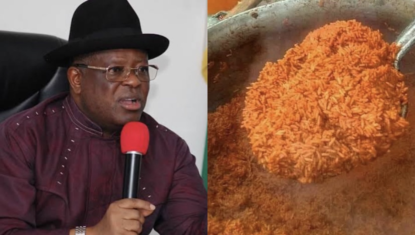 A composite of Governor David Umahi and big pot of rice used to illustrate story.