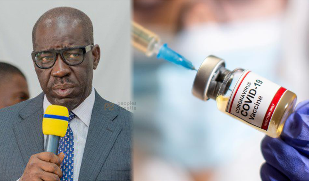 A composite of Governor Godwin Obaseki and Covid 19 Vaccine used to illustrate the story.