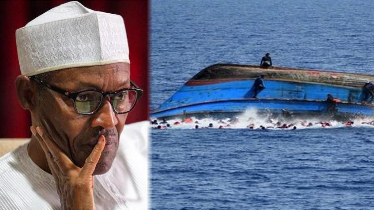 A composite of President Muhammadu Buhari and a capsized boat used to illustrate the story.