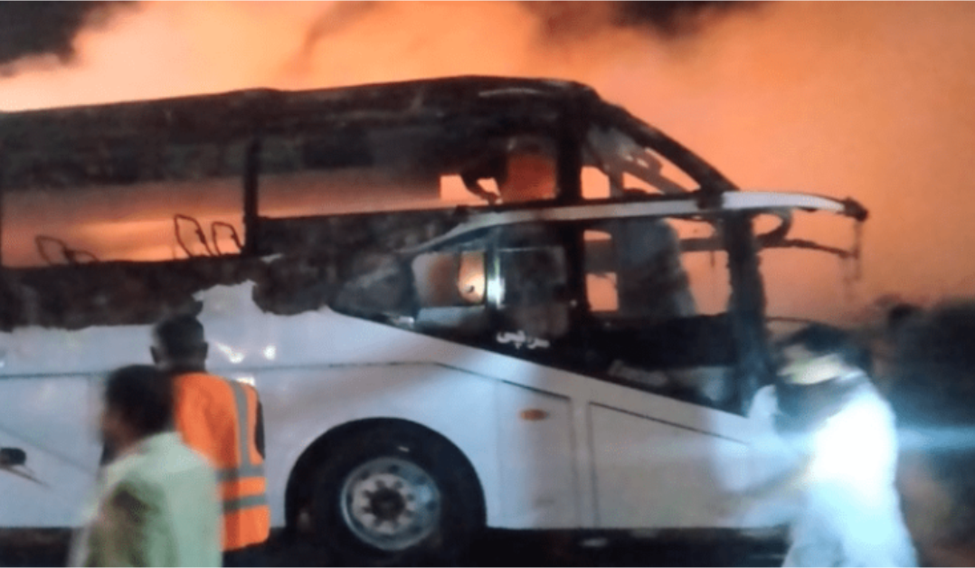 A passenger bus in Pakistan caught fire