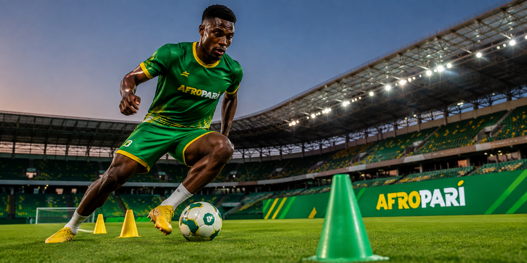 Man training with a football on a stadium field