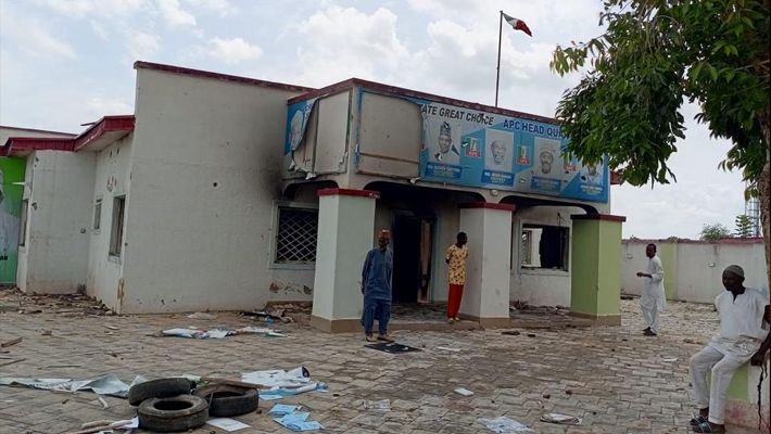 Burnt headquarters of the All Progressives Congress (APC)