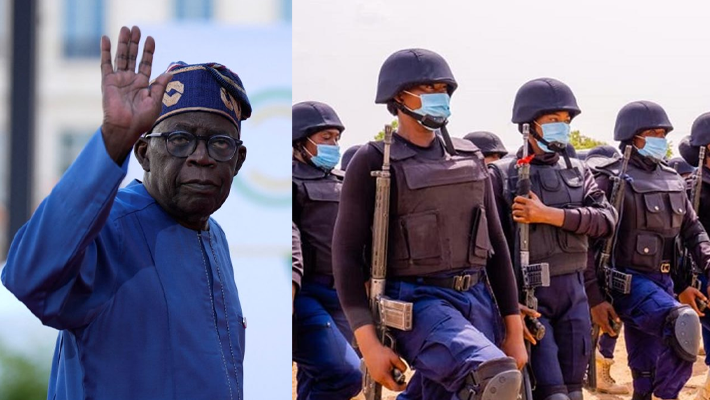 Armed NSCDC female operatives and Tinubu waving hand