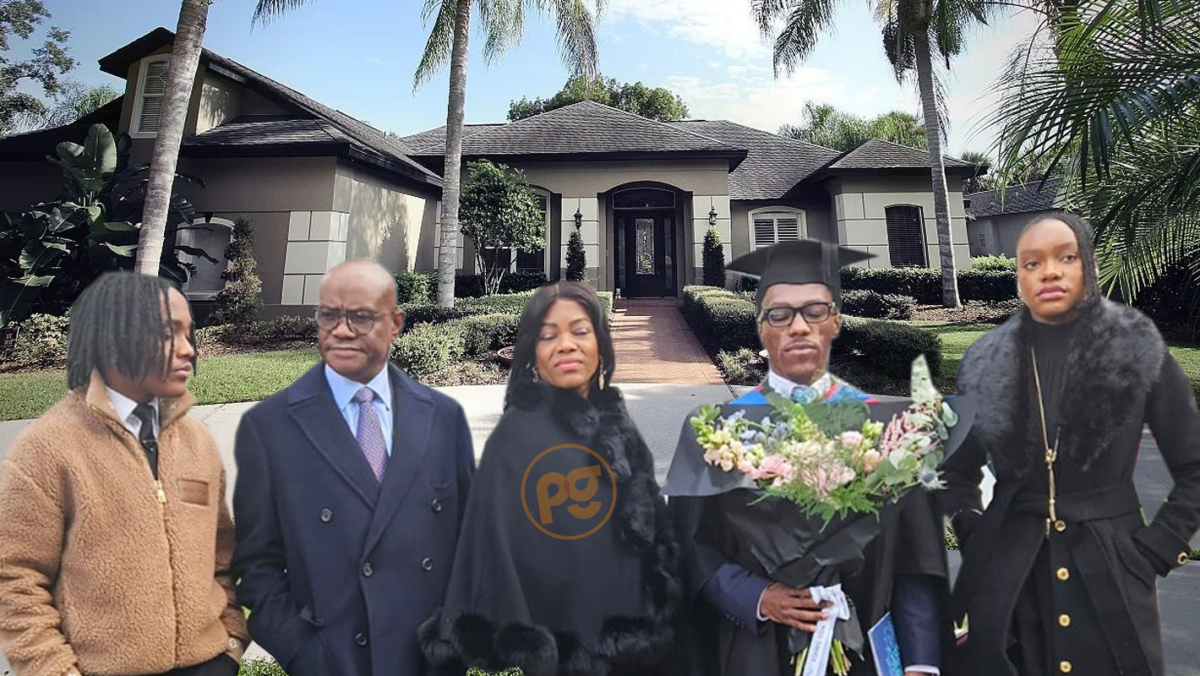 A Photo of Nyesom Wike and his family imposed on his U.S Mansion's photo (Credit: Peoples Gazette)