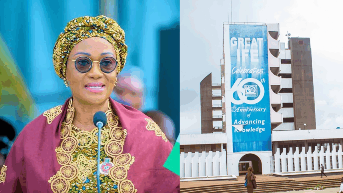 First lady Oluremi Tinubu and OAU building