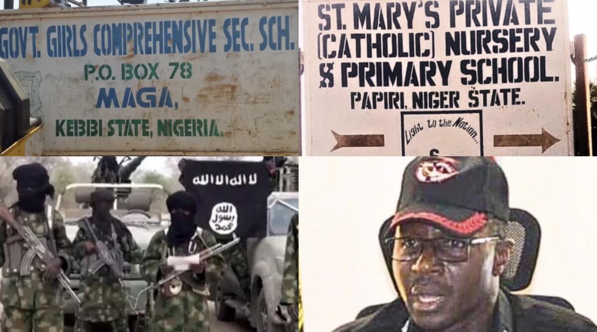 Banners of the affected schools in Kebbi, Niger states, terrorists and the slain commander Musa Uba.