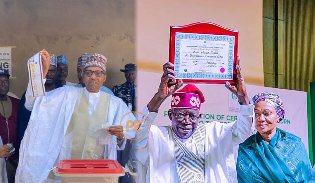 BUHARI DISPLAYING BALLOT PAPER DURING PRESIDENTIAL POLL & TINUBU DISPLAYING CERTIFICATE OF RETURN
