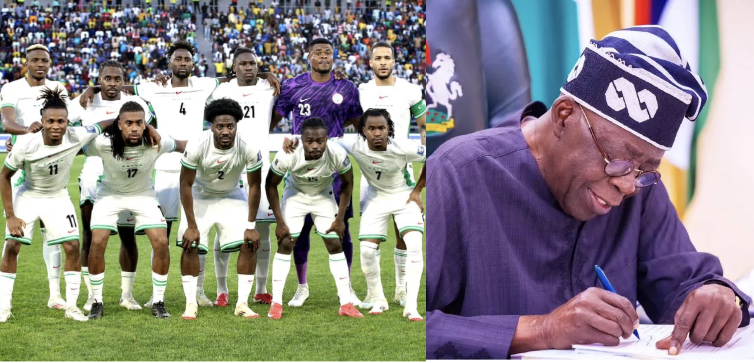 Tinubu signing document; Super Eagles players
