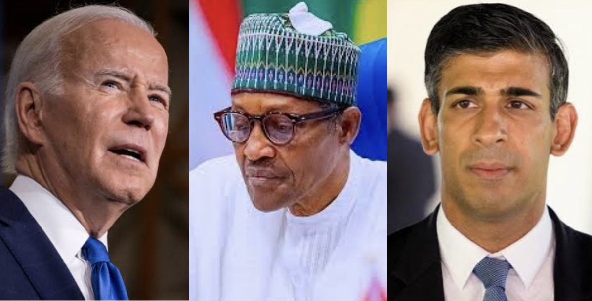 A composite of Joe Biden, President Muhammadu Buhari and Rishik Sunak