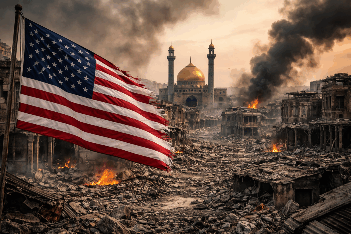 U.S. flag and ruins in Iran.