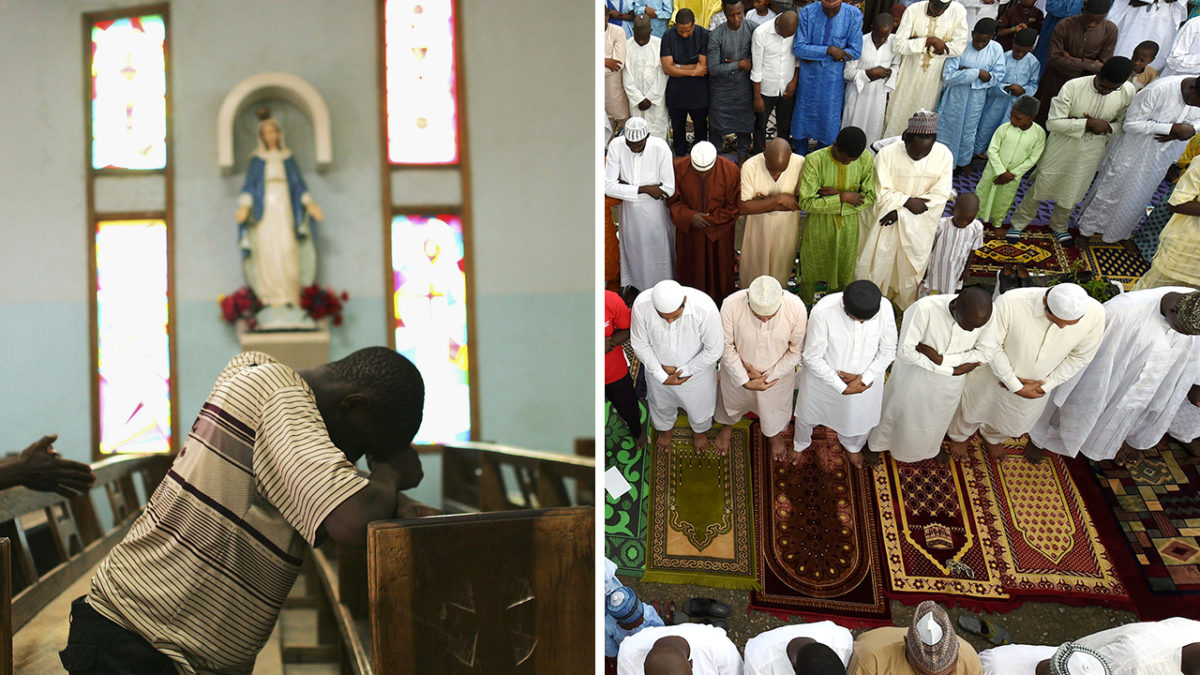 Composite of Christians and Muslims praying