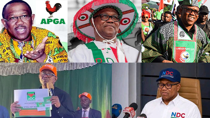 Collage of Obi in APGA, PDP, LP, ADC, NDC attire