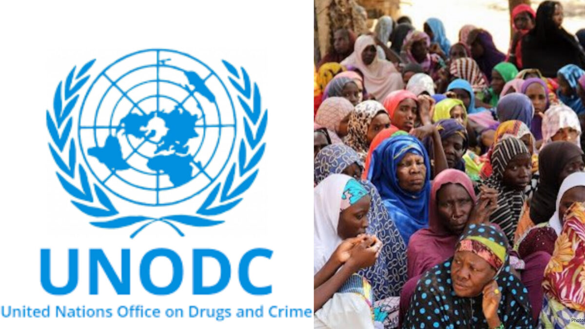 UNODC logo and displaced women in Borno State