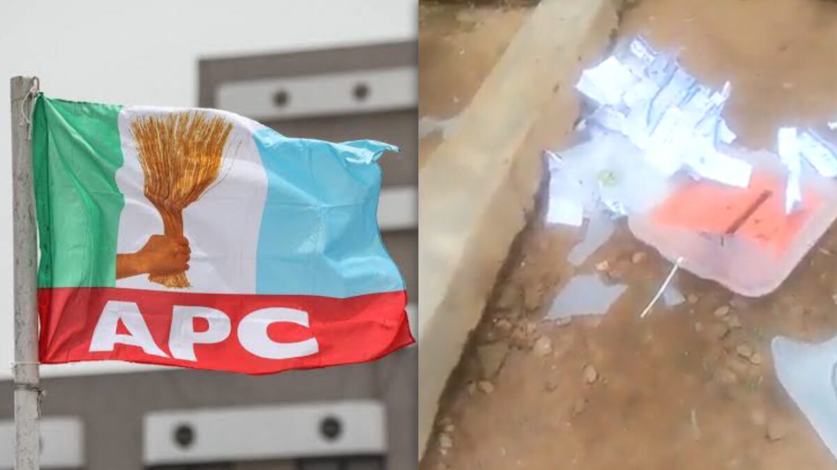 APC flag and destroyed ballot box