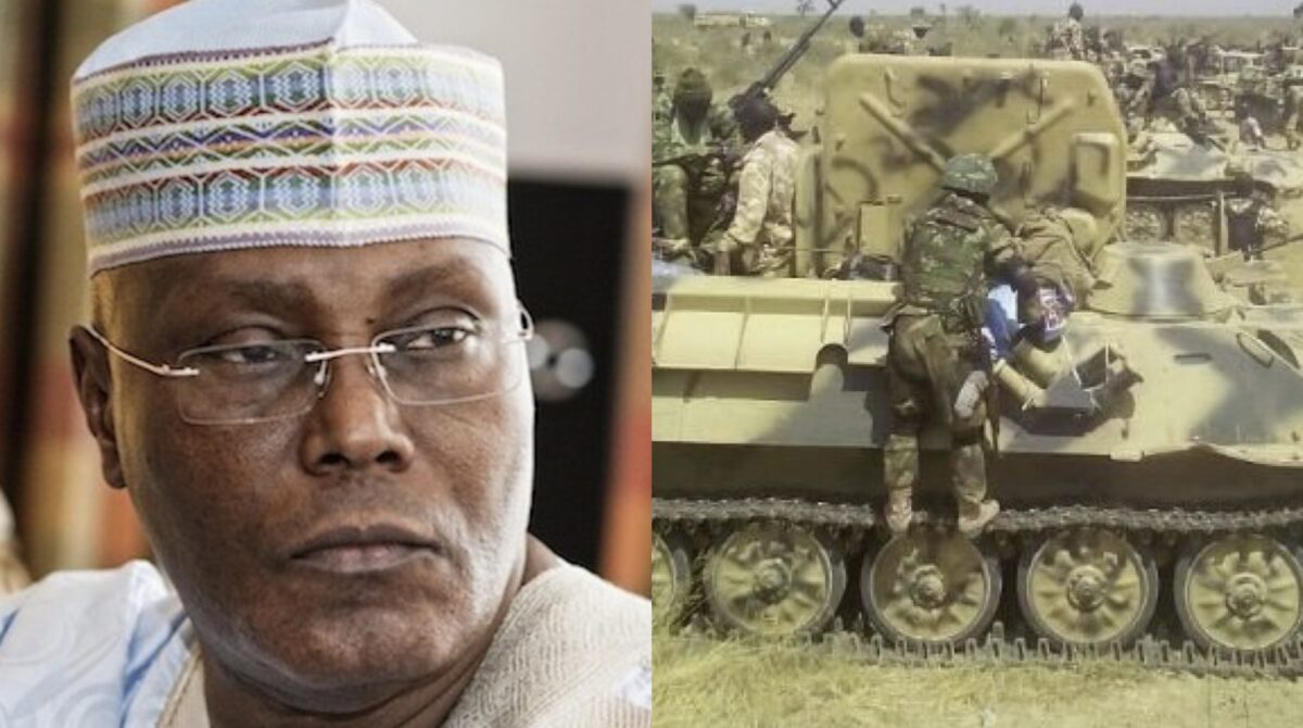 Soldiers at battlefront with armoured tank; Atiku