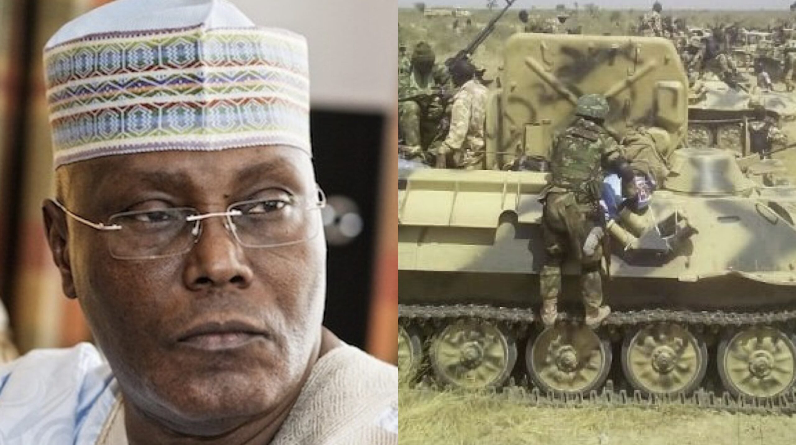 Soldiers at battlefront with armoured tank; Atiku