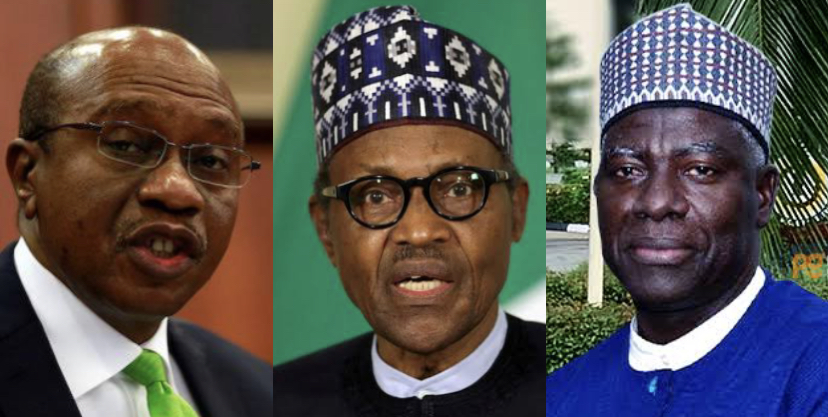 A composite of CBN governor Godwin Emefiele ,President Muhammadu Buhari and Yusuf Bichi used to illustrate the story.