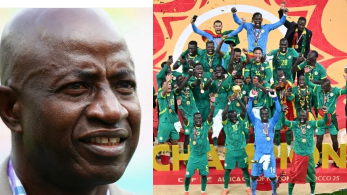 Segub Odegbami and Senegalese players lifting the AFCON