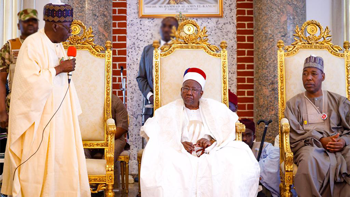 From Left; President Bola Tinubu, Alhaji Abubakar Ibn Umar Garbai Al-Amin El-Kanemi and Babagana Zulum