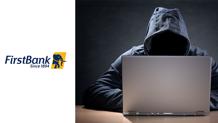 First Bank logo and scammer wearing hoodie on a computer