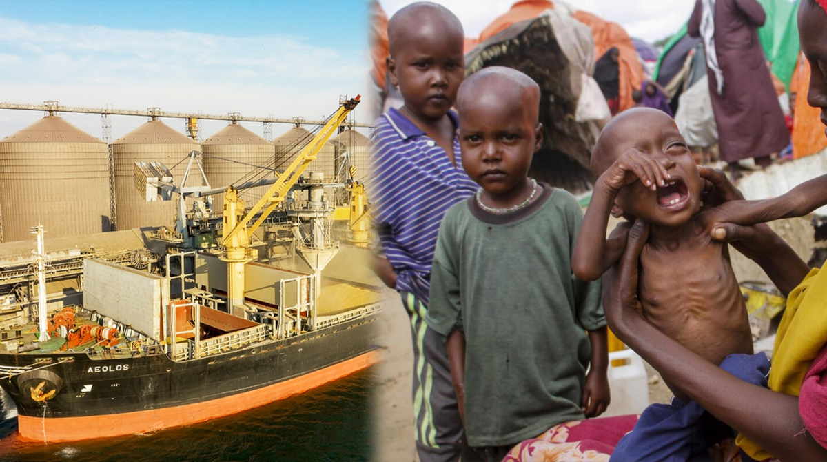 Grain shipment and hungry African children