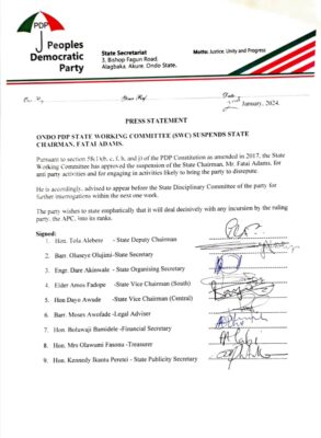 A copy of the letter signed by the SWC member, suspending Mr Adams.