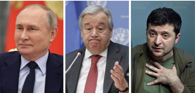 Vladimir Putin ,António Guterres and Volodymyr Zelensky