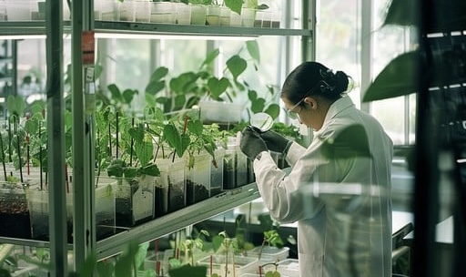 Russian scientists examining crops