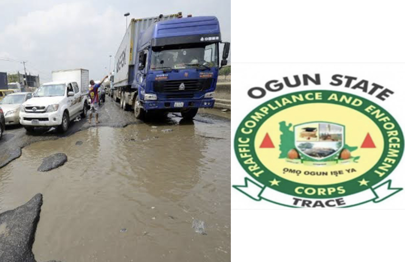 A composite of pothole and Ogun Traffic Compliance and Enforcement Corps (TRACE) , used to illustrate the story
