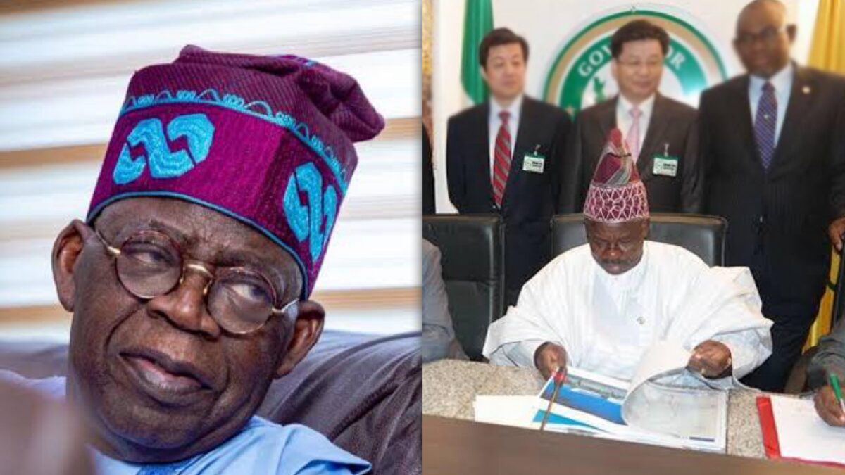 A composite photo of President Bola Tinubu and Ibikunle Amosun with some Chinese investors standing behind him