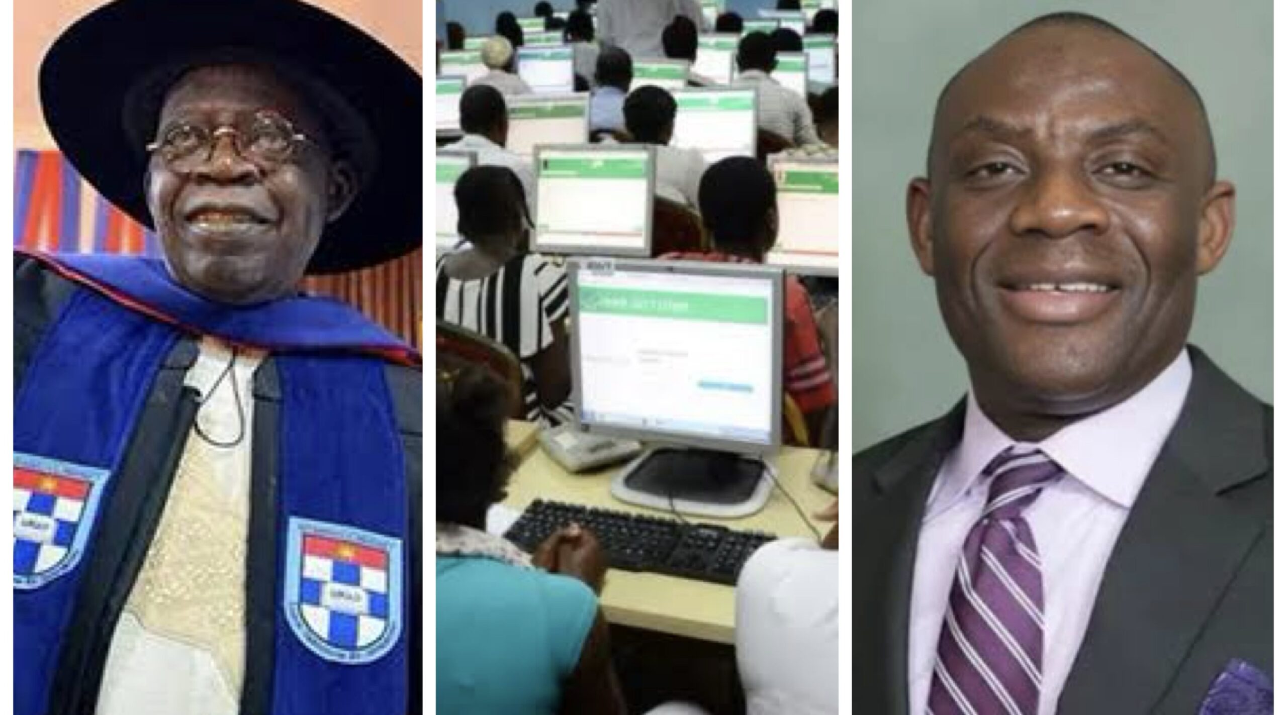 President Tinubu in academic gown, UTME candidates, education minister Alausa
