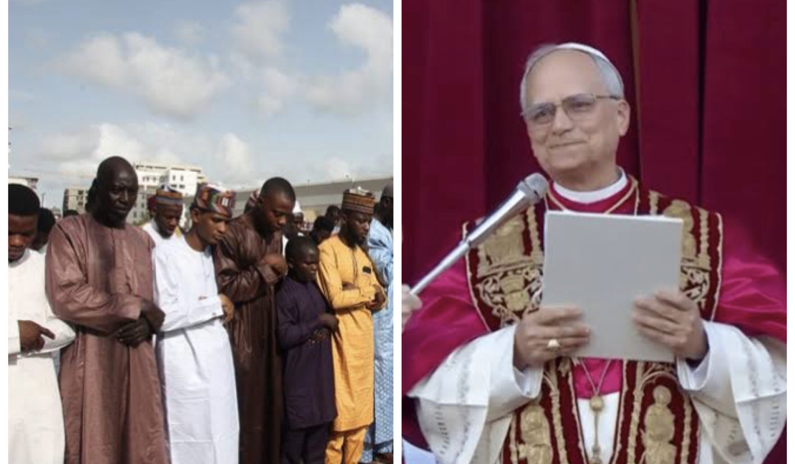 Muslims praying and Pope Leo XIV