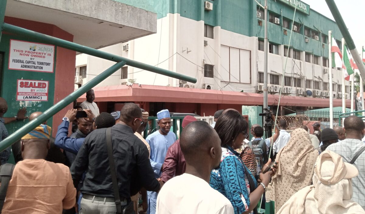 Crow at the sealed gate of PDP national secretariat, Abuja
