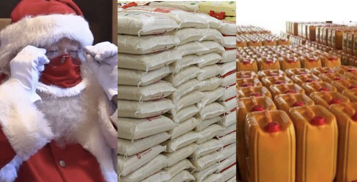 FATHER CHRISTMAS; BAGS OF RICE AND GROUNDNUT OIL