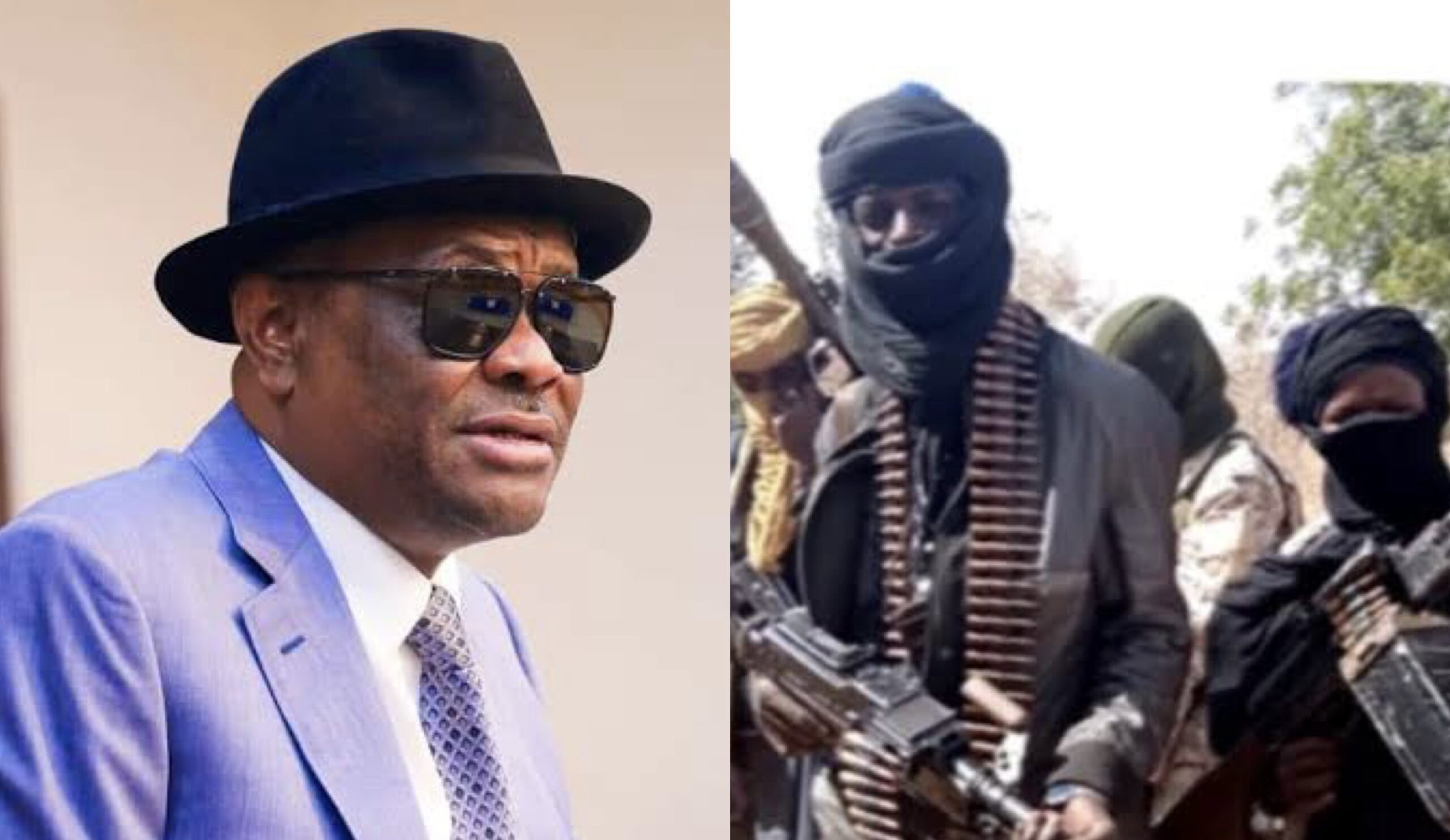 FCT minister Nyesom Wike (credit: vanguard) and Bandits (credit; business day)