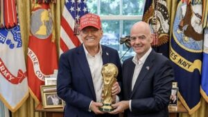 Infantino presenting World Cup trophy to Trump at White House