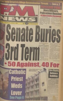 Front cover of PM News, the morning the Senate quashed Mr Obasanjo's third-term agenda.
