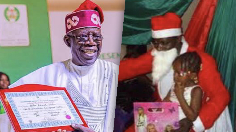 TINUBU RAISING UP CERTIFICATE OF RETURN and NIGERIAN FATHER CHRISTMAS
