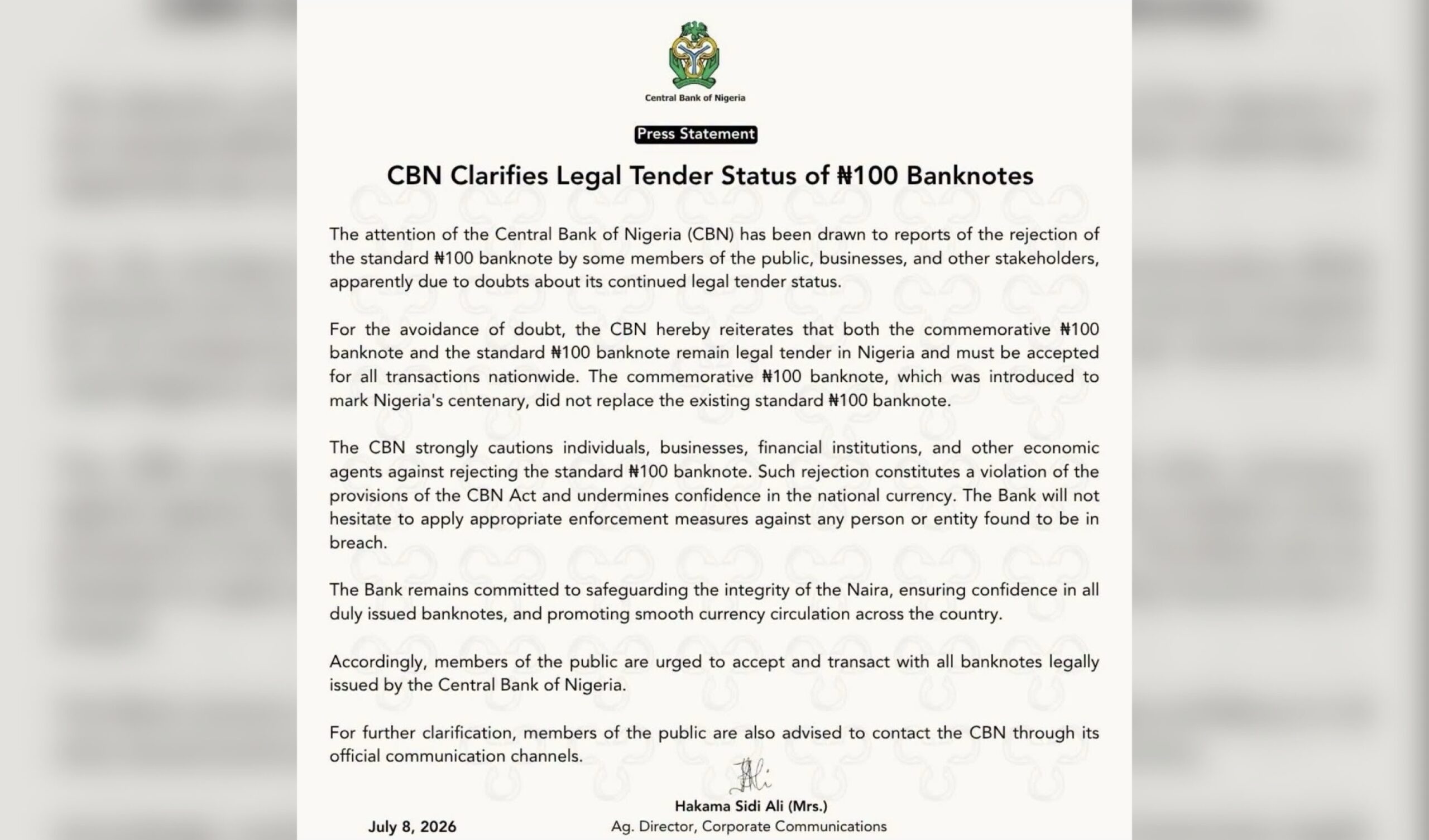 CBN warns against rejecting N100 note